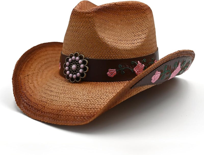Foeran Men's Women's Straw Cowboy Hat Cowgirl Woven Sun Hat Western Cowboy Hat Two Decorative Bands - Image 1